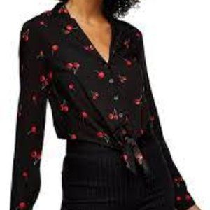 Topshop cherry print tie-front cropped shirt in black size 6